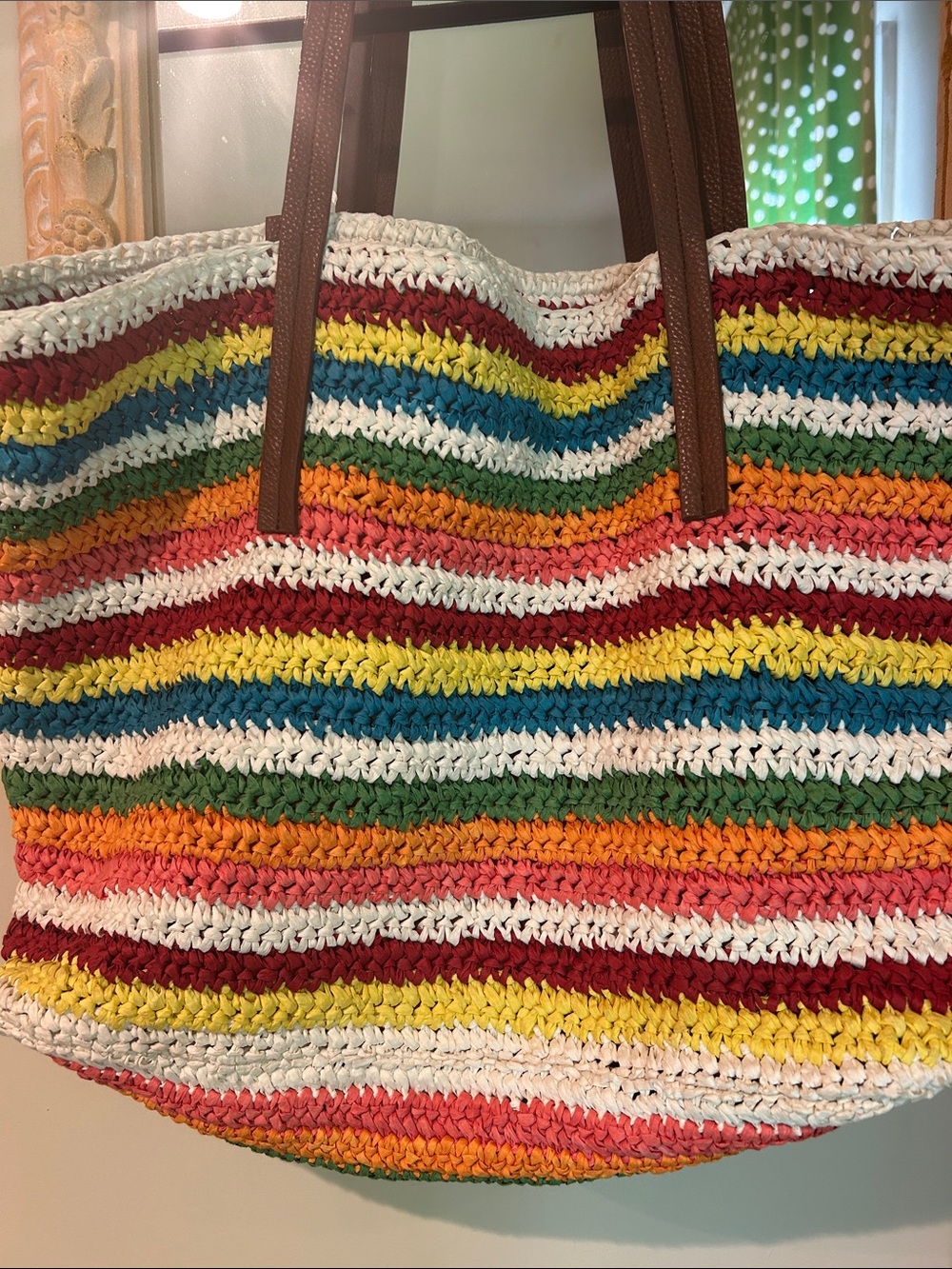 J. Crew Multicolor Striped Crochet Tote Bag with Brown Handles - Picture 3 of 10